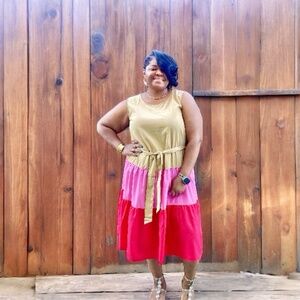 Womens Plus Size Tan Color Block Midi Tank Dress